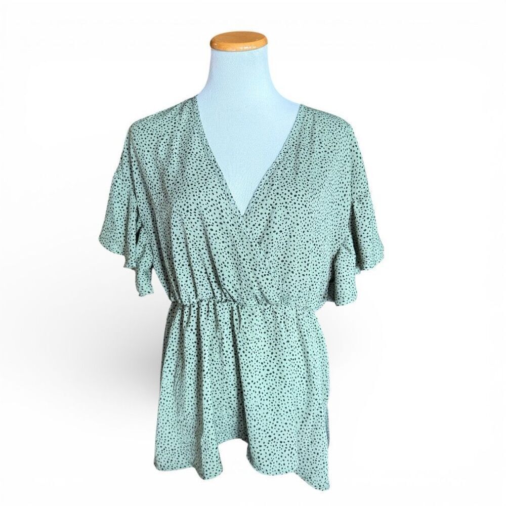 Womens Shein Curve Sage Green Polka Dot Faux Wrap Peplum Top Blouse - Sz 1X